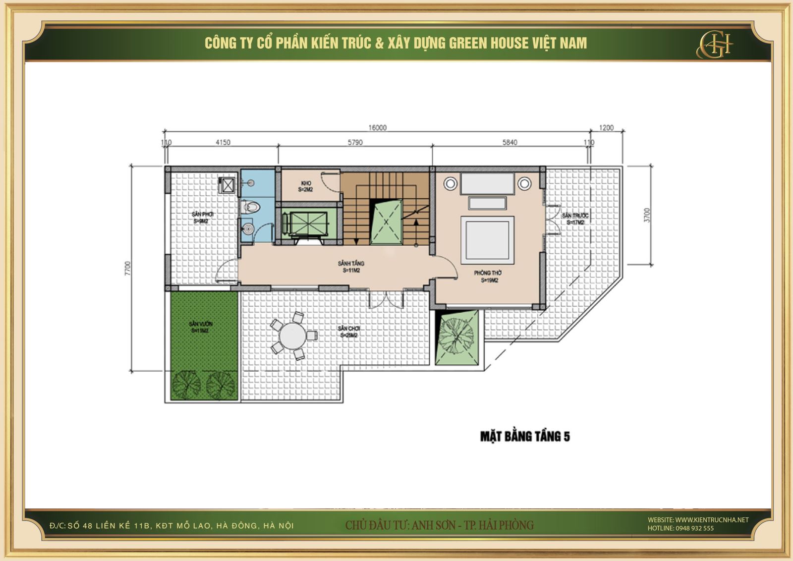 Tầng 5 của nhà phố hiện đại là khu vực tiểu cảnh sân vườn, phòng thờ cũng sân phơi đồ