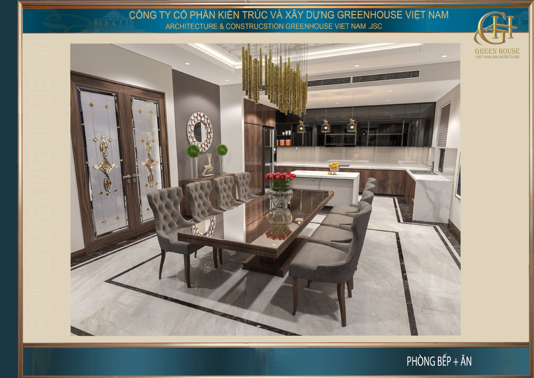 Bộ bàn ăn được đặt ở giữa phòng tạo nên sự rộng rãi giữa lối đi