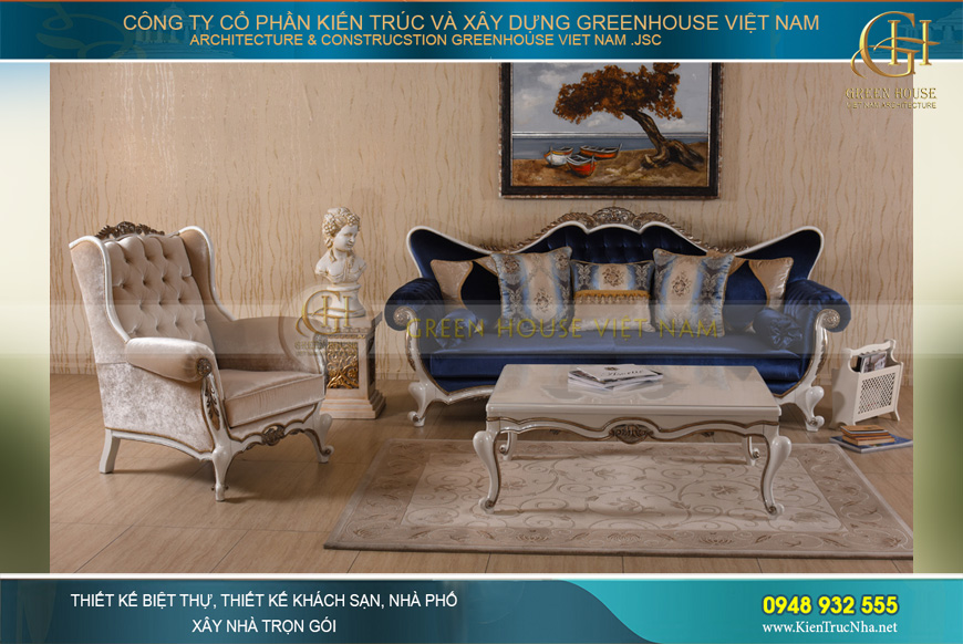 set sofa cổ điển xanh - trắng
