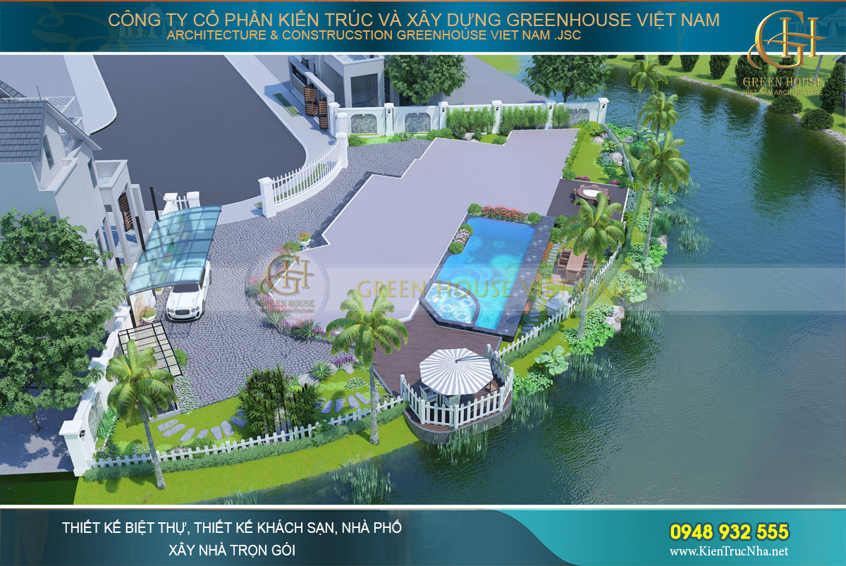 thiết kế sân vườn biệt thự ven sông đẳng cấp