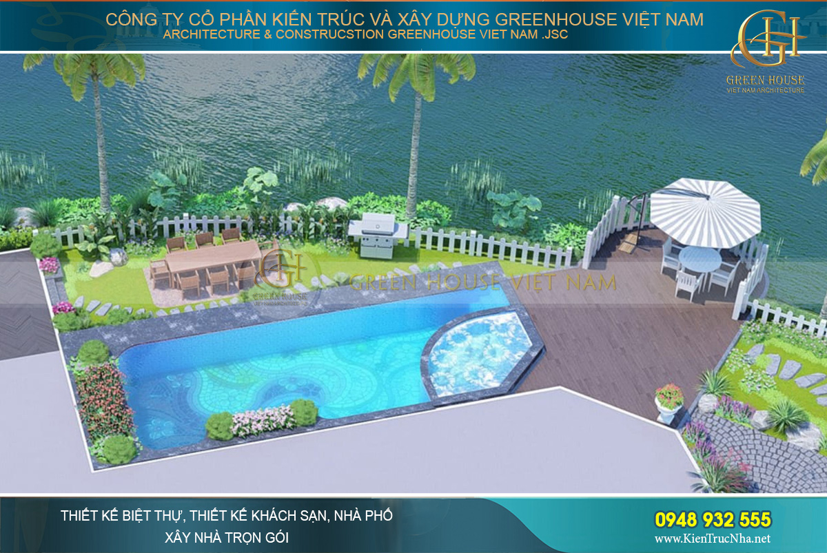 thiết kế sân vườn biệt thự ven sông đẳng cấp