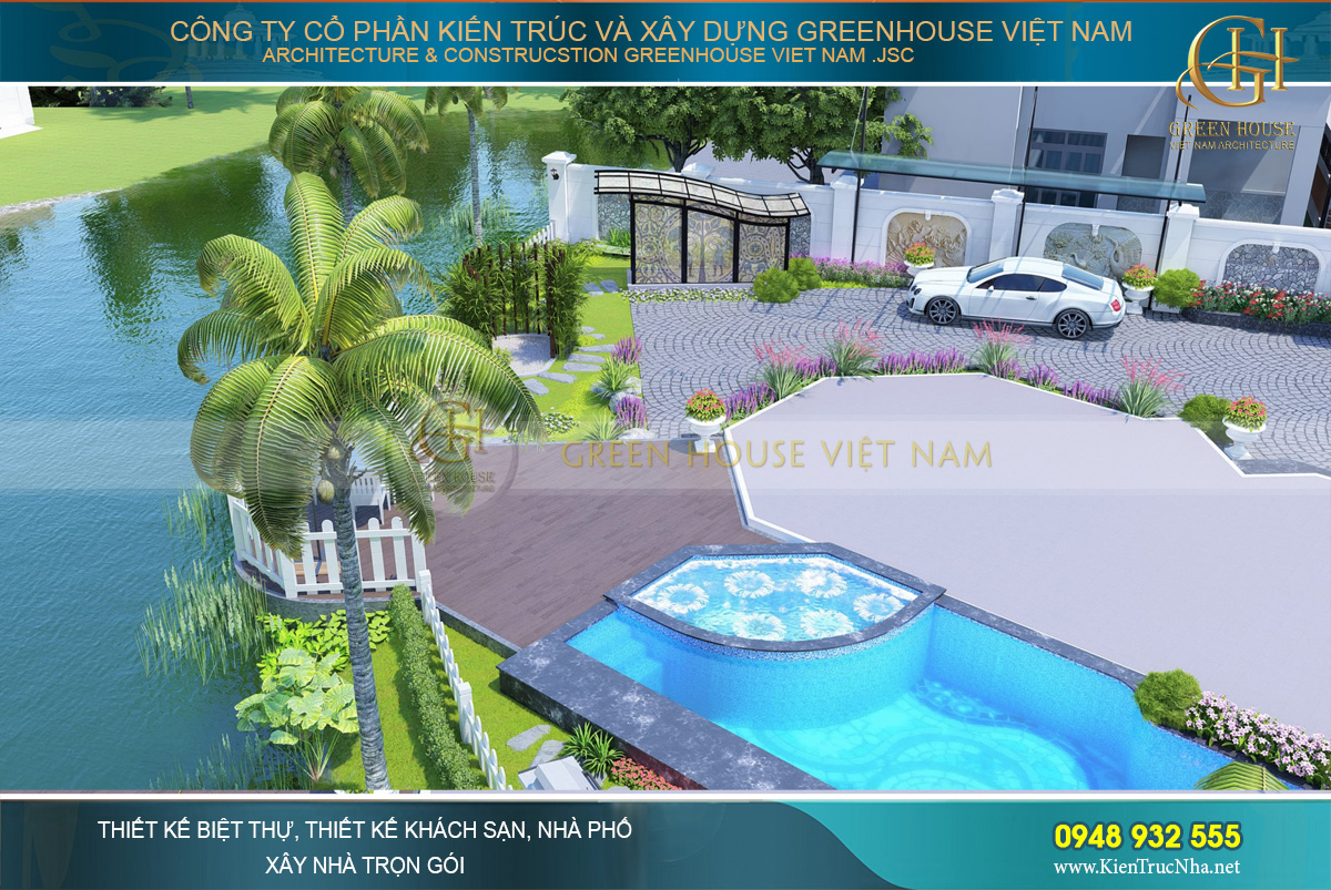 thiết kế sân vườn biệt thự ven sông đẳng cấp