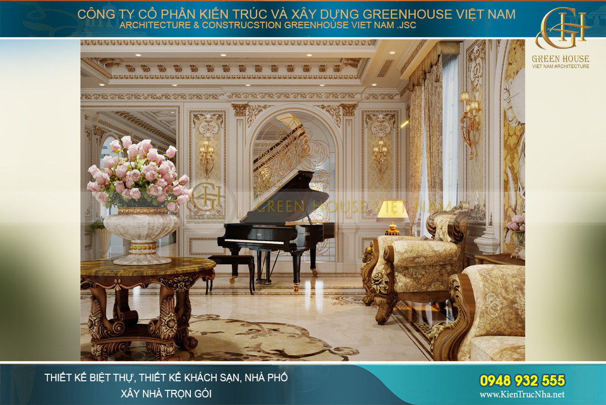 Phía bên trái đại sảnh chính là không gian tiếp khách chính của dinh thự tân cổ điển 2 tầng