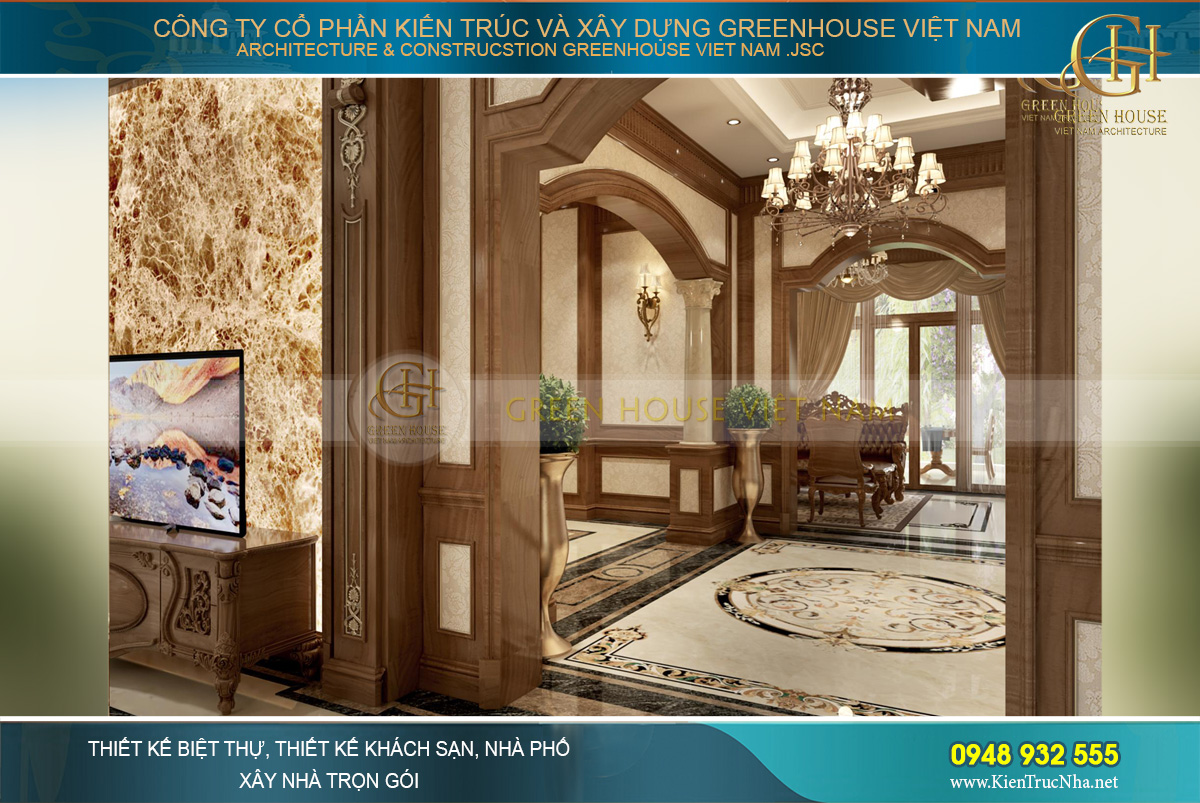 Lối đi dẫn tới sảnh thang và đối diện là phòng gia đình của biệt thự tân cổ điển