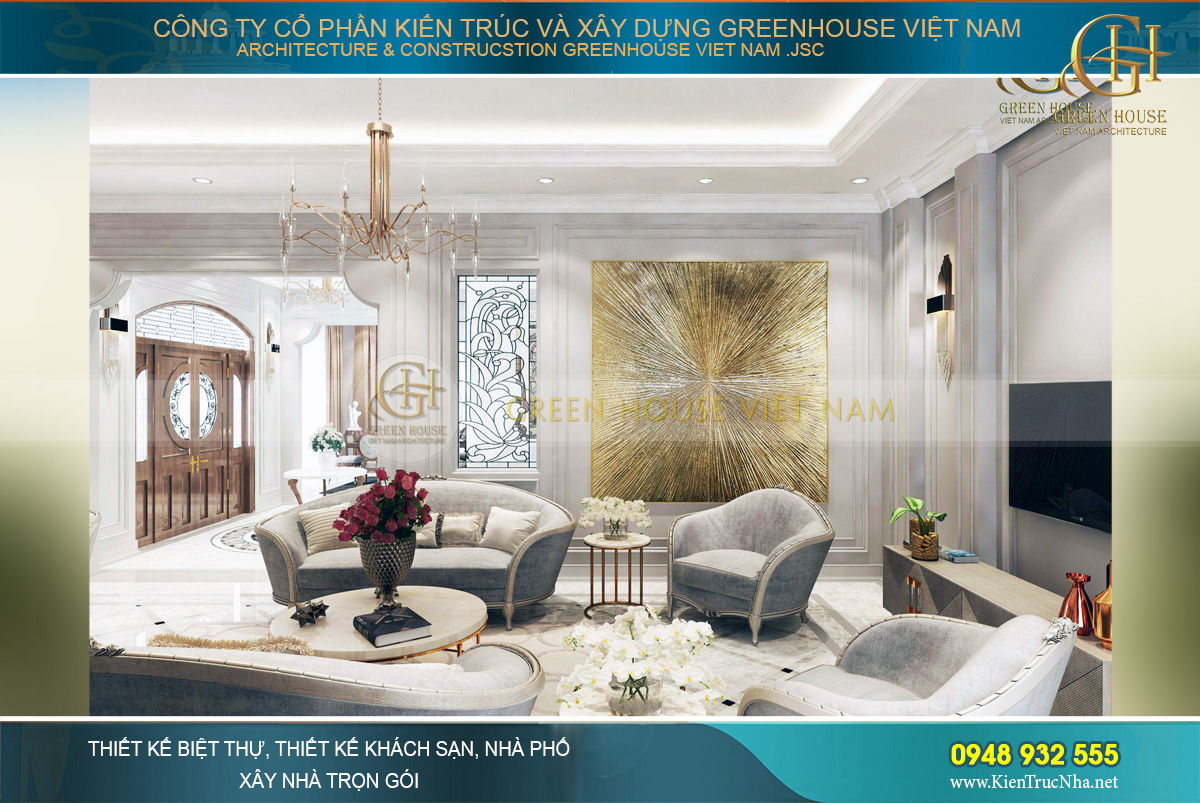 Thiết kế nội thất phòng khách đẹp choáng ngợp như lạc vào một biệt thự thượng lưu tại châu Âu