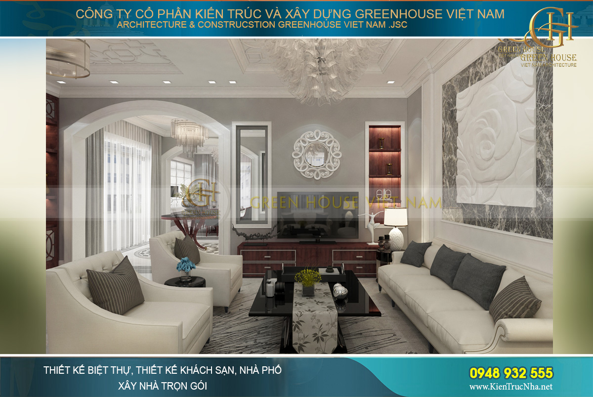 Đối diện sofa là kệ TV cùng thiết kế 2 khung cửa song song, 1 bên là cửa kính, 1 bên là tủ trưng bày