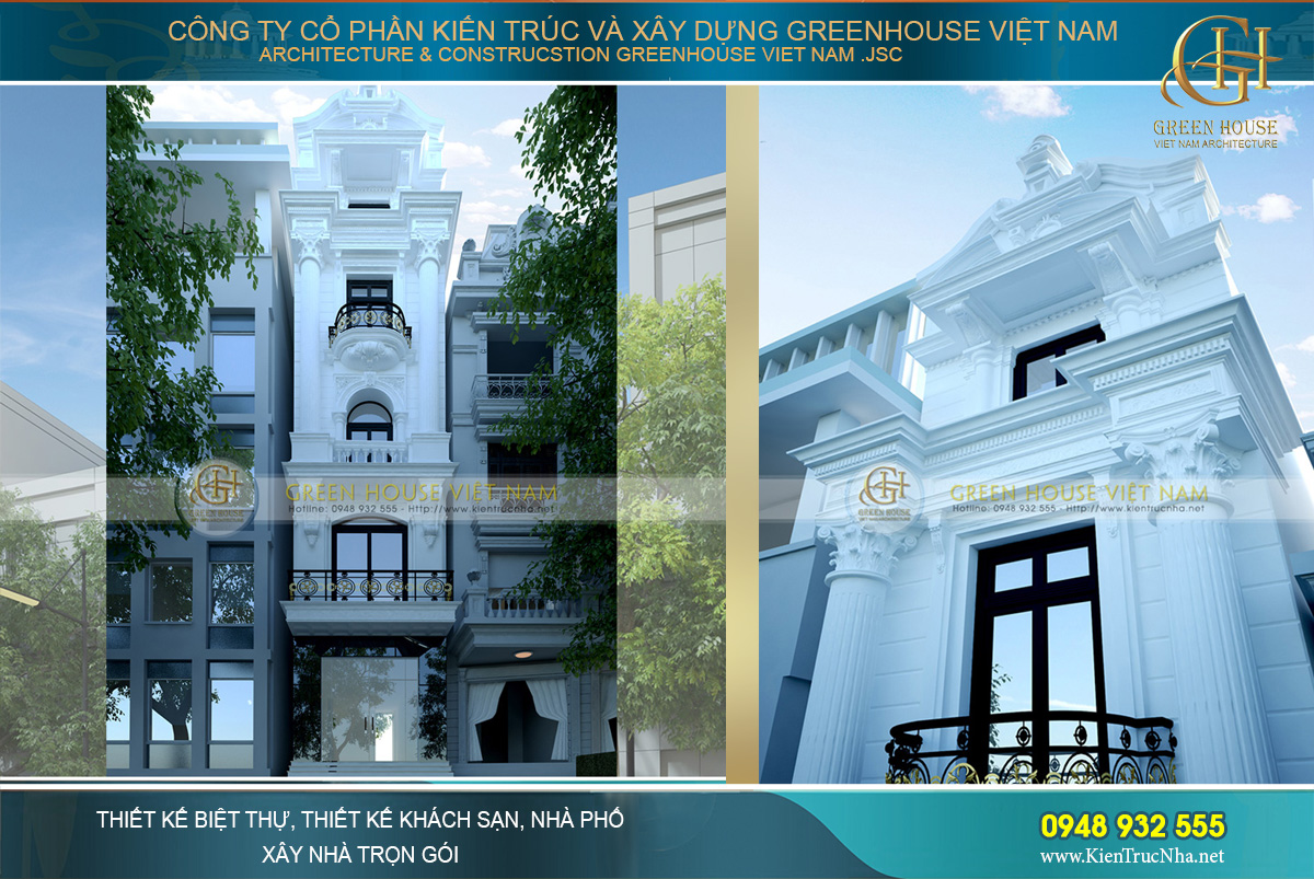 Phối cảnh mặt tiền của nhà phố 5 tầng phong cách tân cổ điển