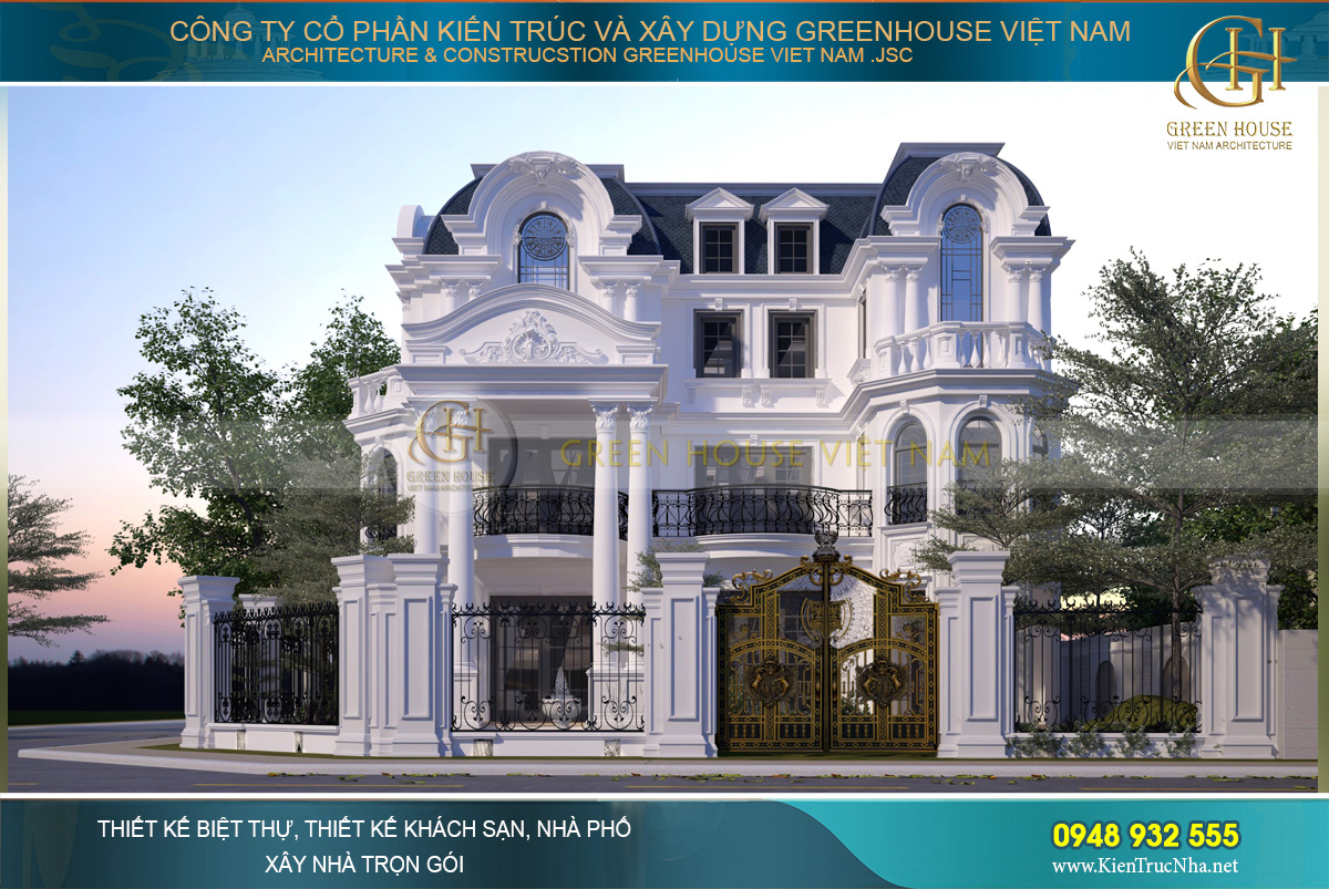 Kiến trúc mặt tiền khang trang, bề thế của ngôi biệt thự tân cổ điển 3 tầng 1 tum
