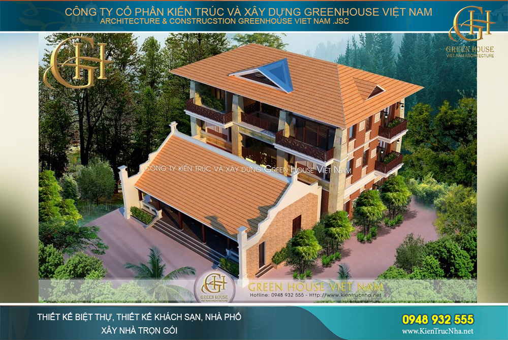 Tổng thể công trình kiến trúc 4 tầng và khuôn viên sân vườn được thiết kế tỉ mỉ, tinh xảo