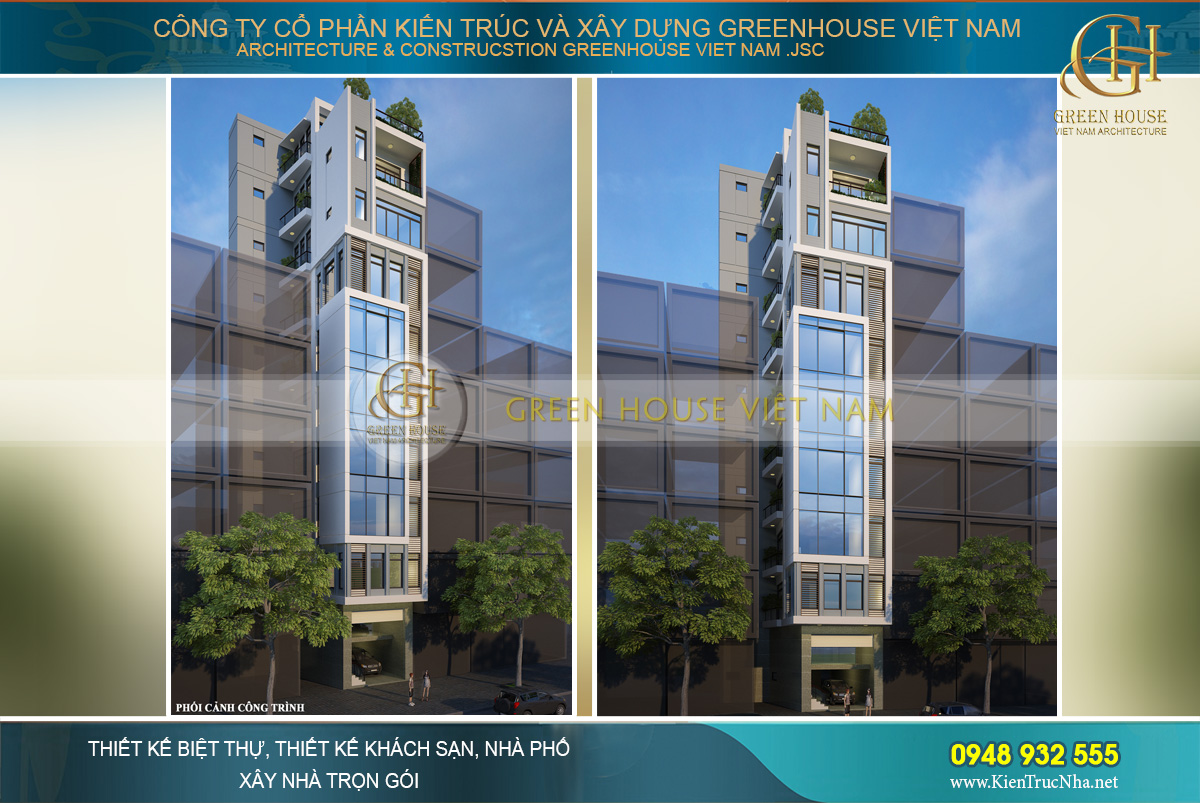 Phối cảnh mặt tiền đẹp sang trọng, ấn tượng của nhà phố kết hợp kinh doanh 9 tầng tại Hà Nội