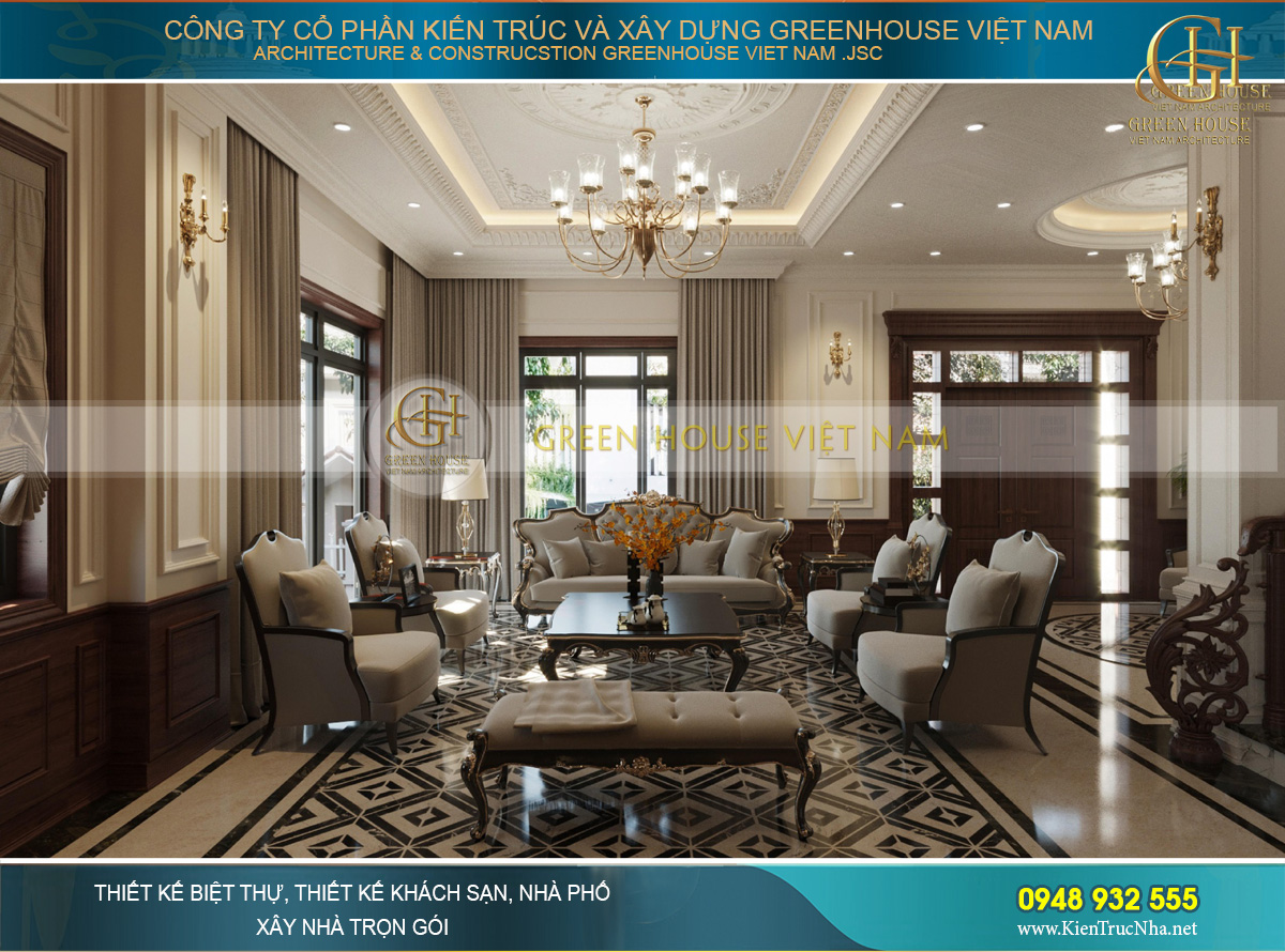 Không gian phòng khách với phong cách thiết kế nội thất Luxury quyền quý, đẳng cấp