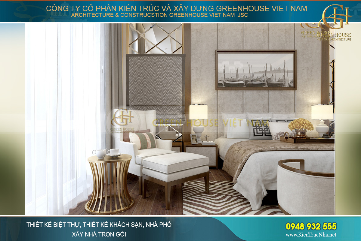 Bàn trà và ghế sofa kết hợp ghế gác chân đặt bên khung cửa kính