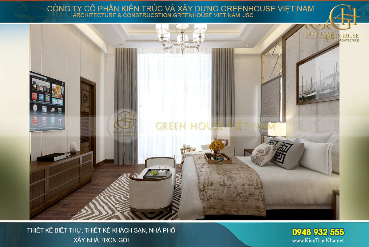 Đối diện giường là kệ TV phục vụ nhu cầu giải trí