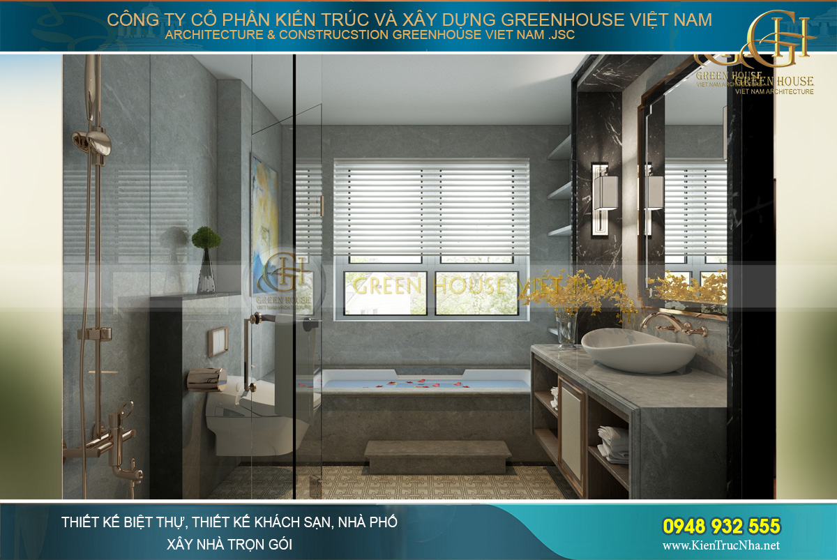 Không gian phòng tắm của phòng ngủ master có bồn tắm lớn