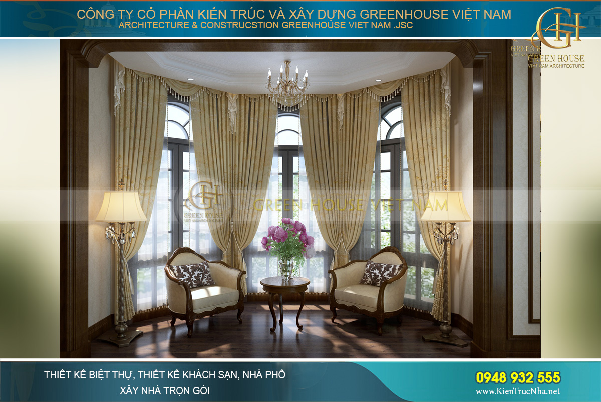 Khu vực kiến trúc bán nguyệt được thiết kế với bàn trà nhỏ mà tinh xảo