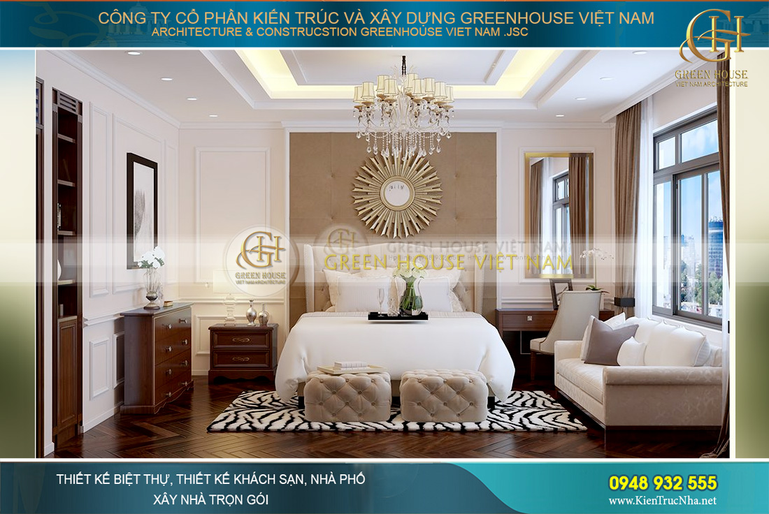 Thiết kế phòng ngủ master với tone màu nâu kem – vàng đồng sang trọng, lộng lẫy