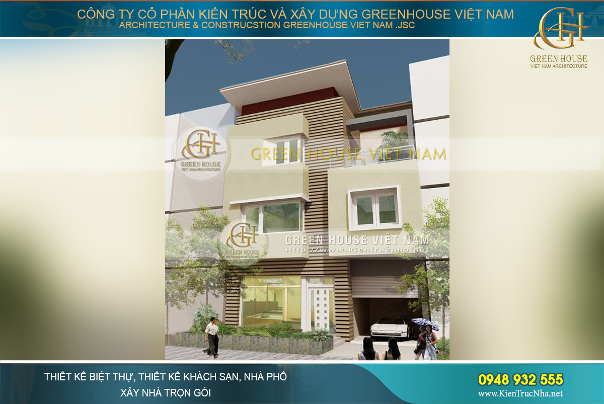Toàn cảnh mặt tiền sang trọng, không gian kiến trúc bề thế và cao cấp của ngôi nhà phố 4 tầng hiện đại
