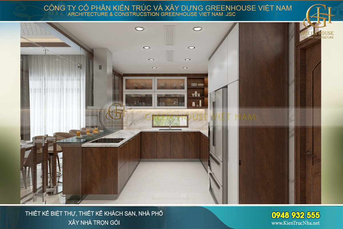 Phòng bếp được ngăn cách bằng hệ thống cửa và tường kính trong suốt