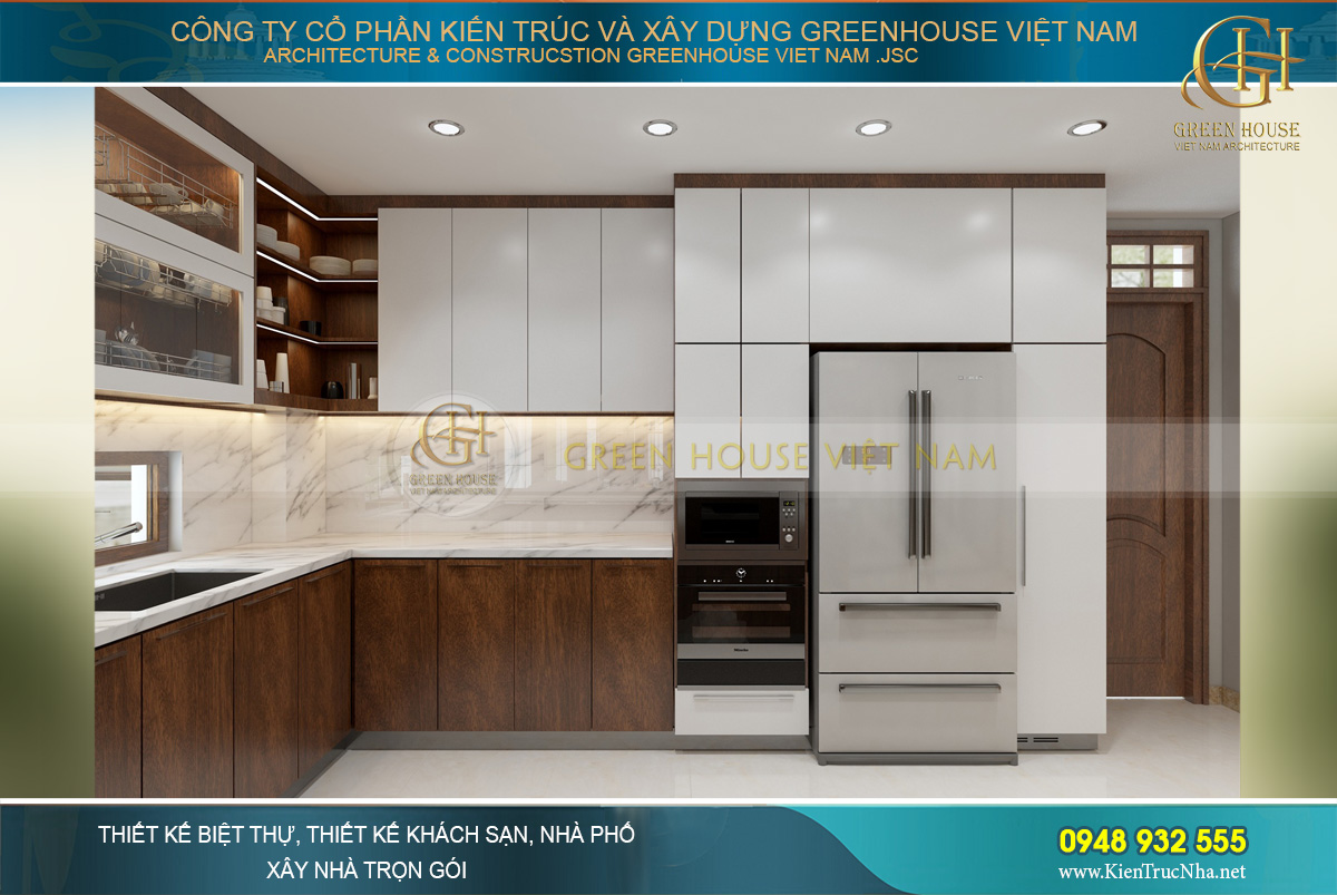 Thiết kế tủ bếp hình chữ L với đầy đủ các đồ gia dụng hiện đại, tiện nghi nhất