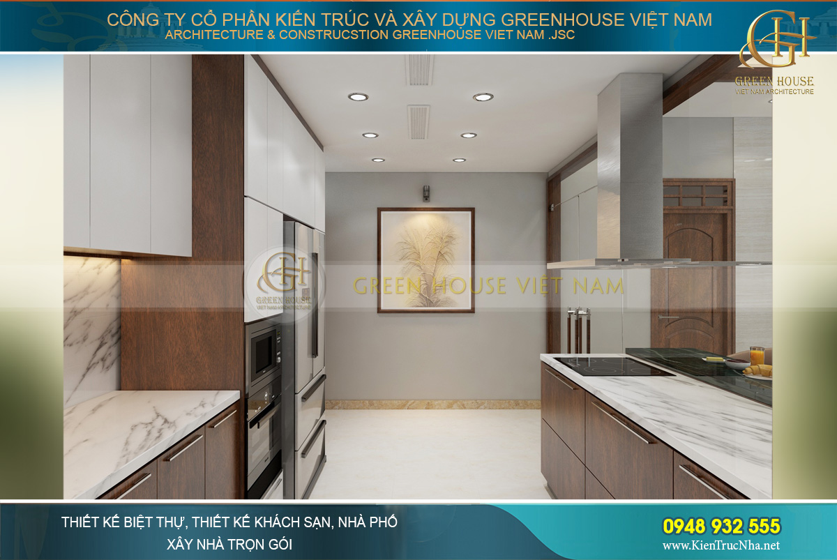 Không gian phòng bếp không lớn nhưng rất thông thoáng, rộng rãi