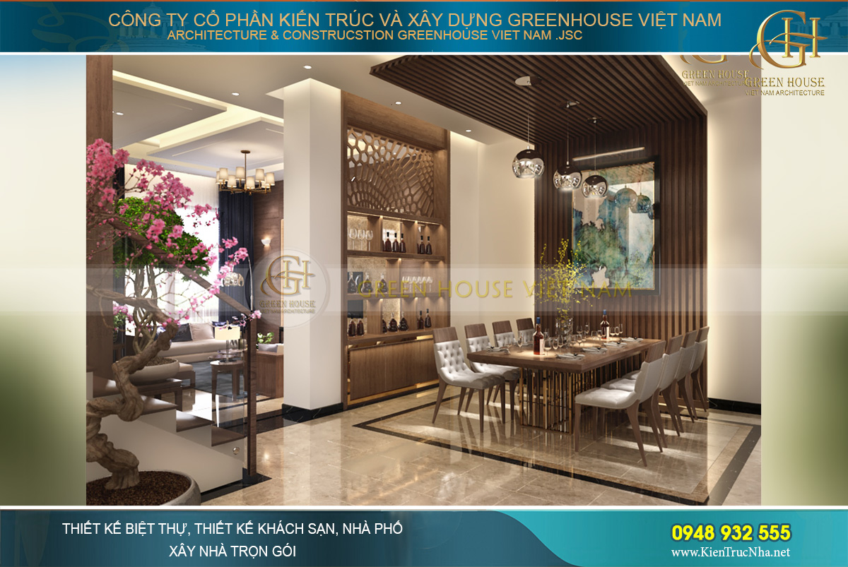 Thiết kế khu vực phòng ăn với kiến trúc tường và trần ốp gỗ khác biệt