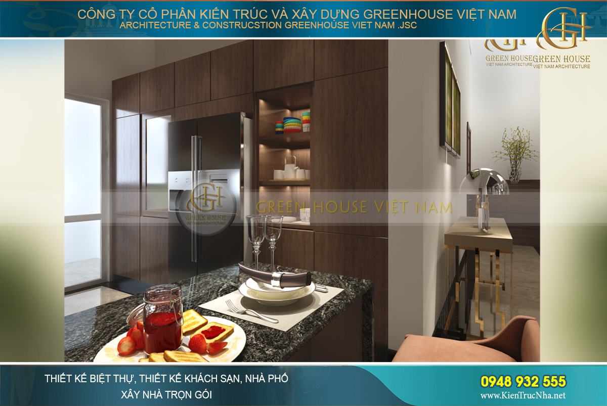 Phòng bếp được thiết kế với các tủ bếp âm tường hiện đại tối ưu