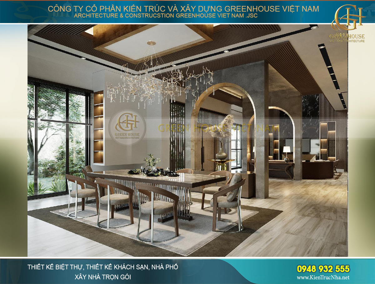 Phòng ăn đặt cạnh đại sảnh nhưng không hề mất đi sự riêng tư