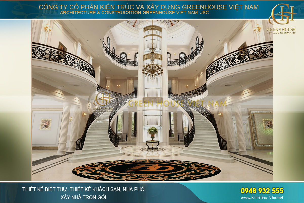 Không gian đại sảnh đẹp đến ngỡ ngàng với hai cầu thang bộ đối xứng và hệ thống thang máy kính