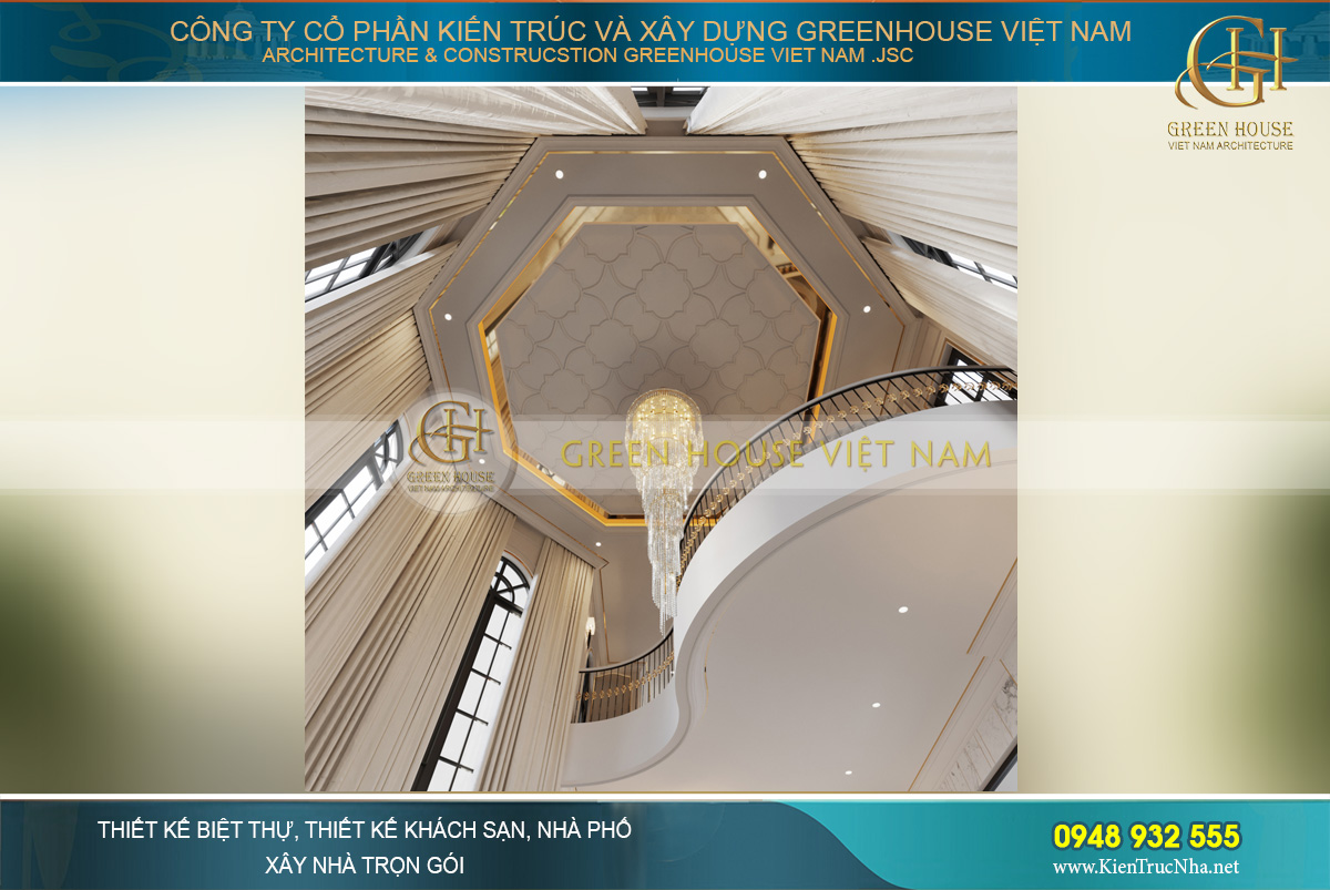 Thiết kế trần tầng 2 với hình bát giác độc đáo cùng hệ thống đèn chùm pha lê tinh xảo