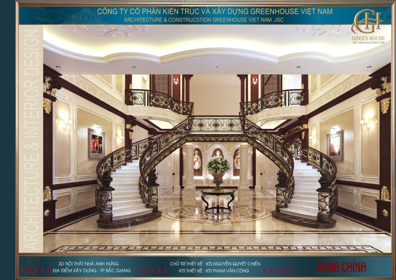 Thiết kế thang cung tại đại sảnh được tạo hình bằng các chi tiết hoa văn tinh tế, sang trọng