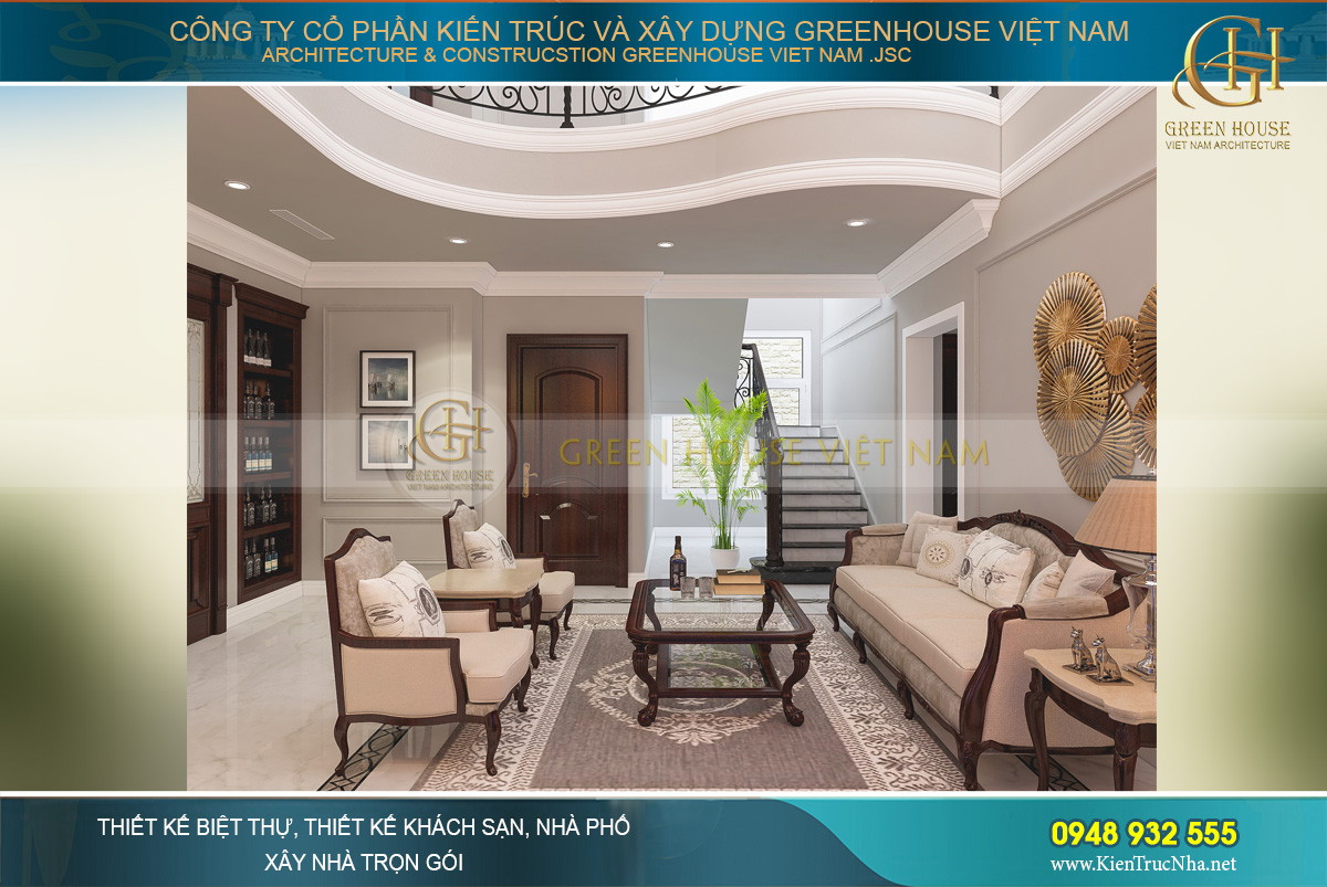 Một góc nhìn khác của không gian phòng khách biệt thự phố tân cổ điển