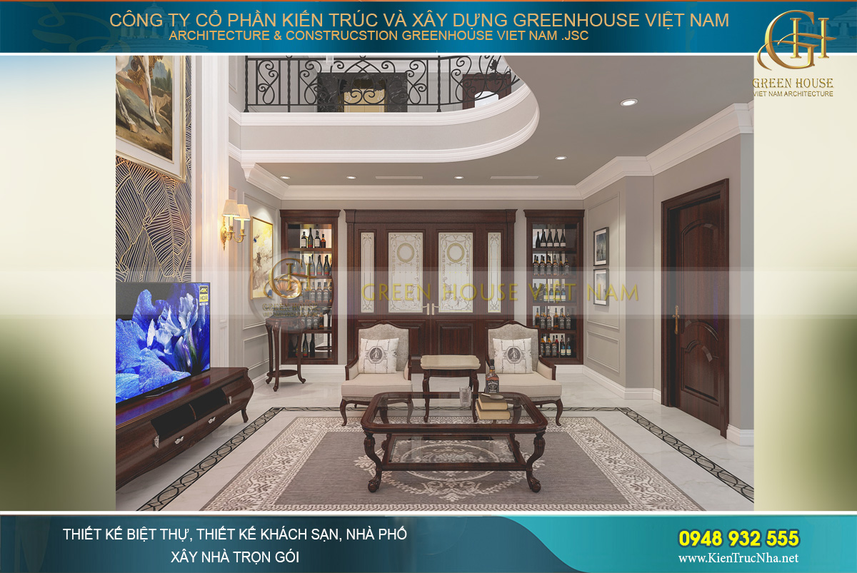 Thiết kế nội thất phòng khách với tone xám – nâu trầm ấm, lịch lãm