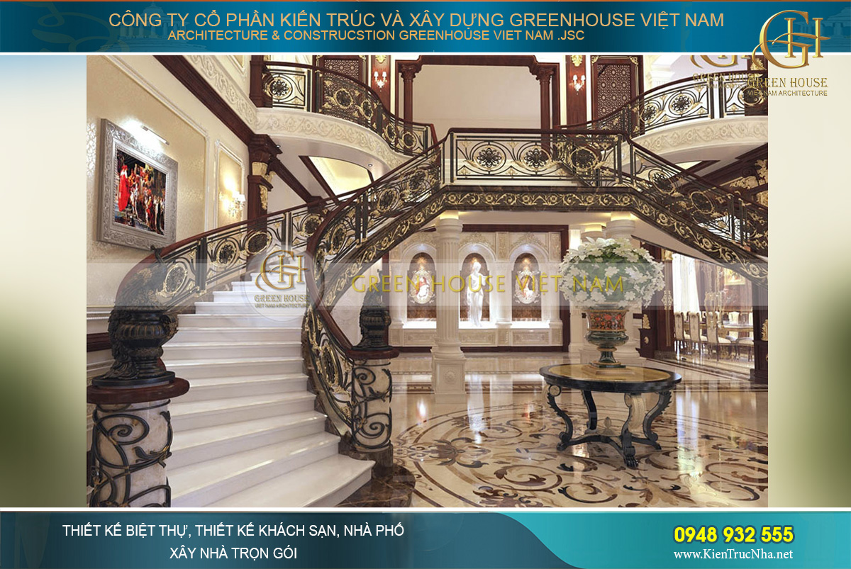 Cầu thang được thiết kế với hoa văn dày đặc nhưng theo một hệ thống và không hề rối mắt hay rườm rà