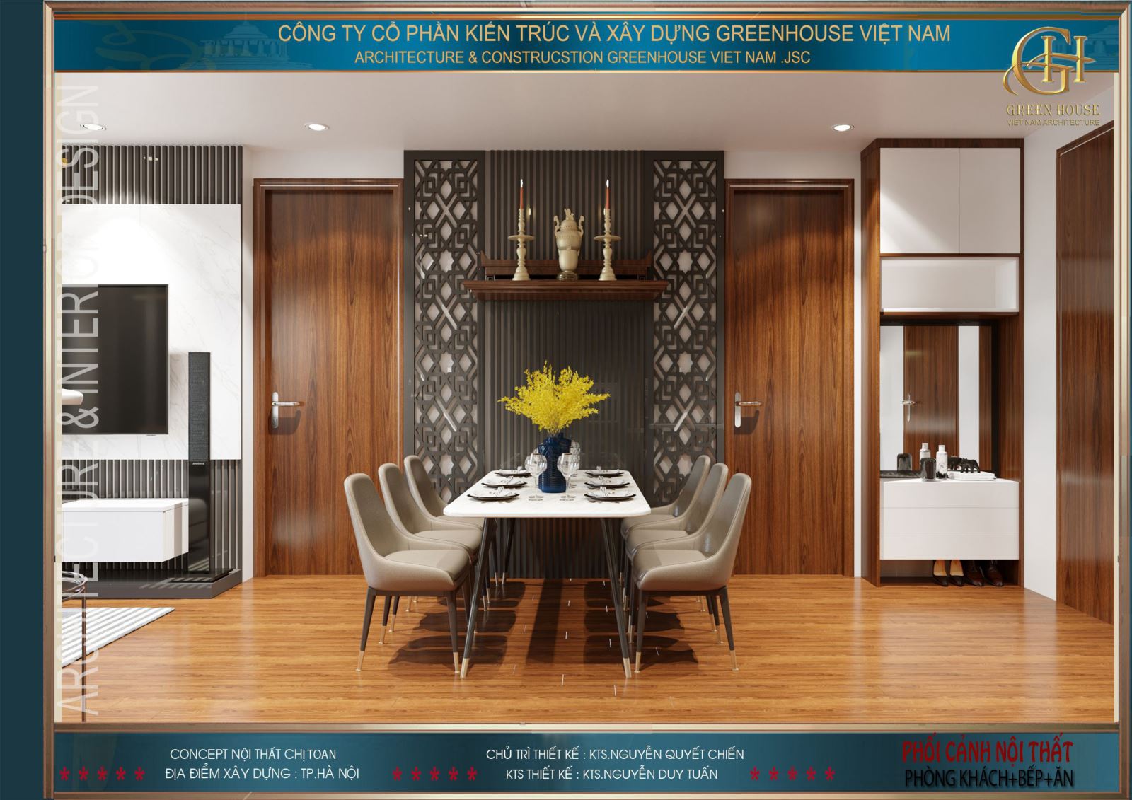 Phòng ăn được đặt ngay gần cửa ra vào mang đến sự thông thoáng