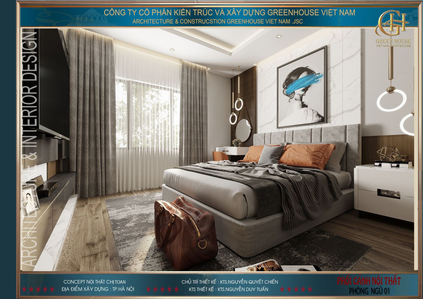 Căn phòng thiết kế với màu xám chủ đạo mang đến vẻ đẹp sang trọng