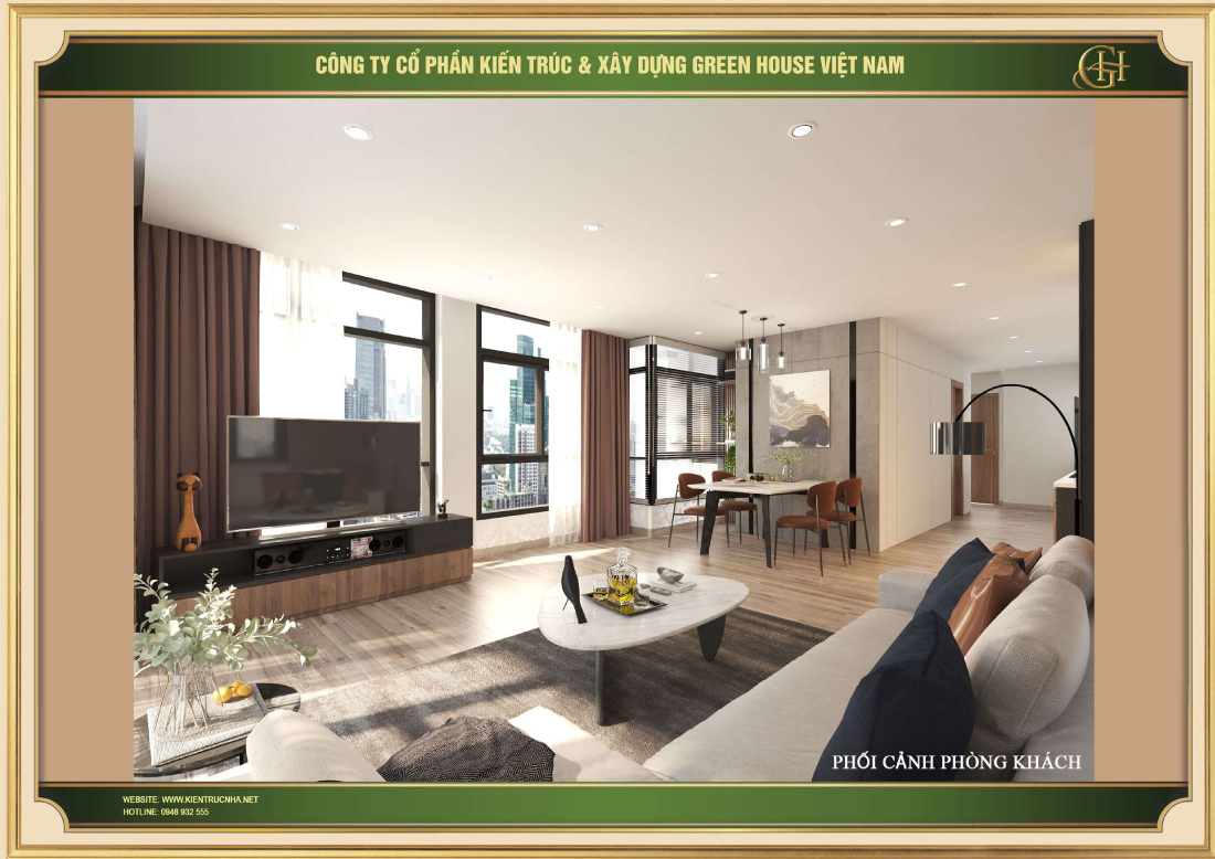 Phòng ăn nổi bật với bộ bàn ghế màu nâu socola sang trọng