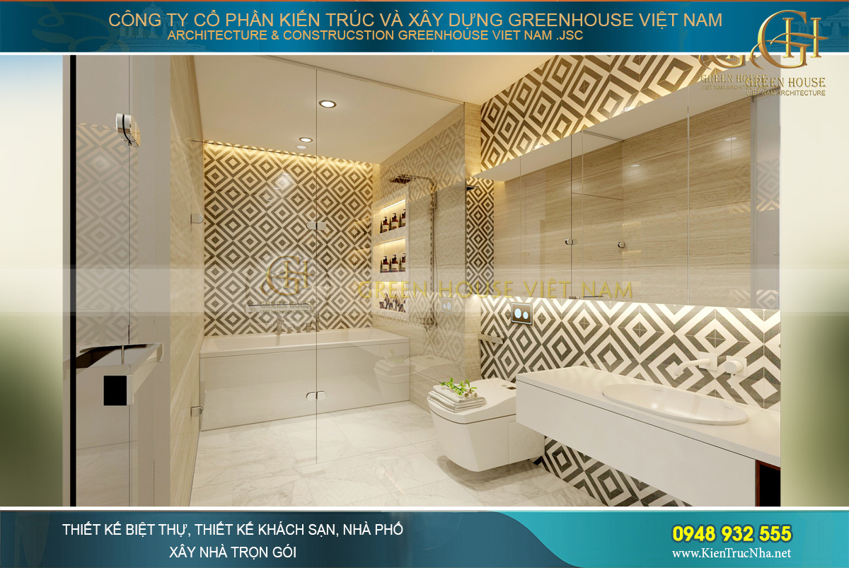Phòng tắm và vệ sinh khép kín với chất liệu đá trắng trang nhã, tinh xảo