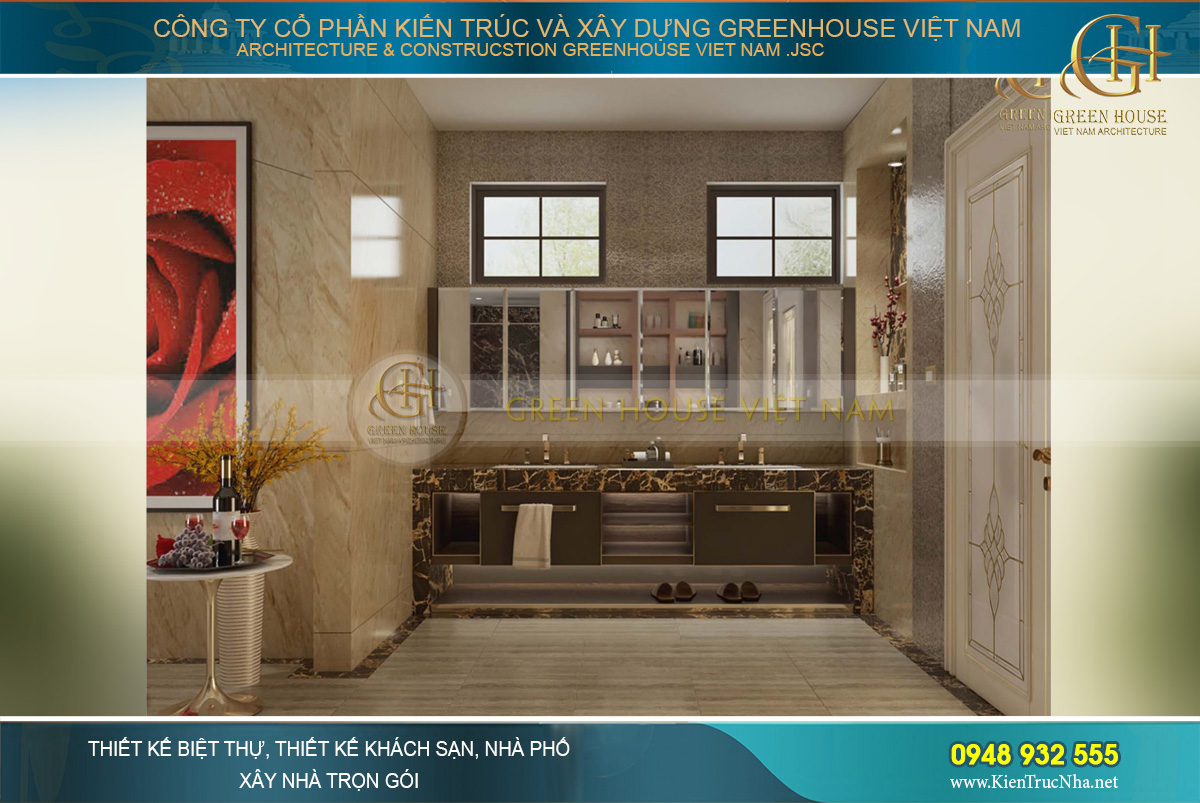 Phòng tắm có diện tích khá lớn với thiết kế khu vực để đồ khoa học, thuận tiện