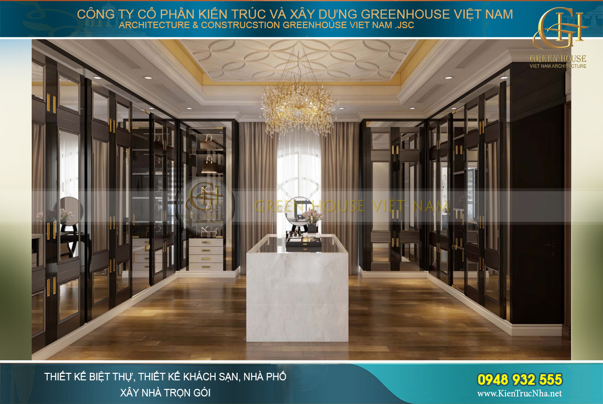 Phòng thay đồ với thiết kế gỗ và kính mang vẻ đẹp sang trọng, đẳng cấp