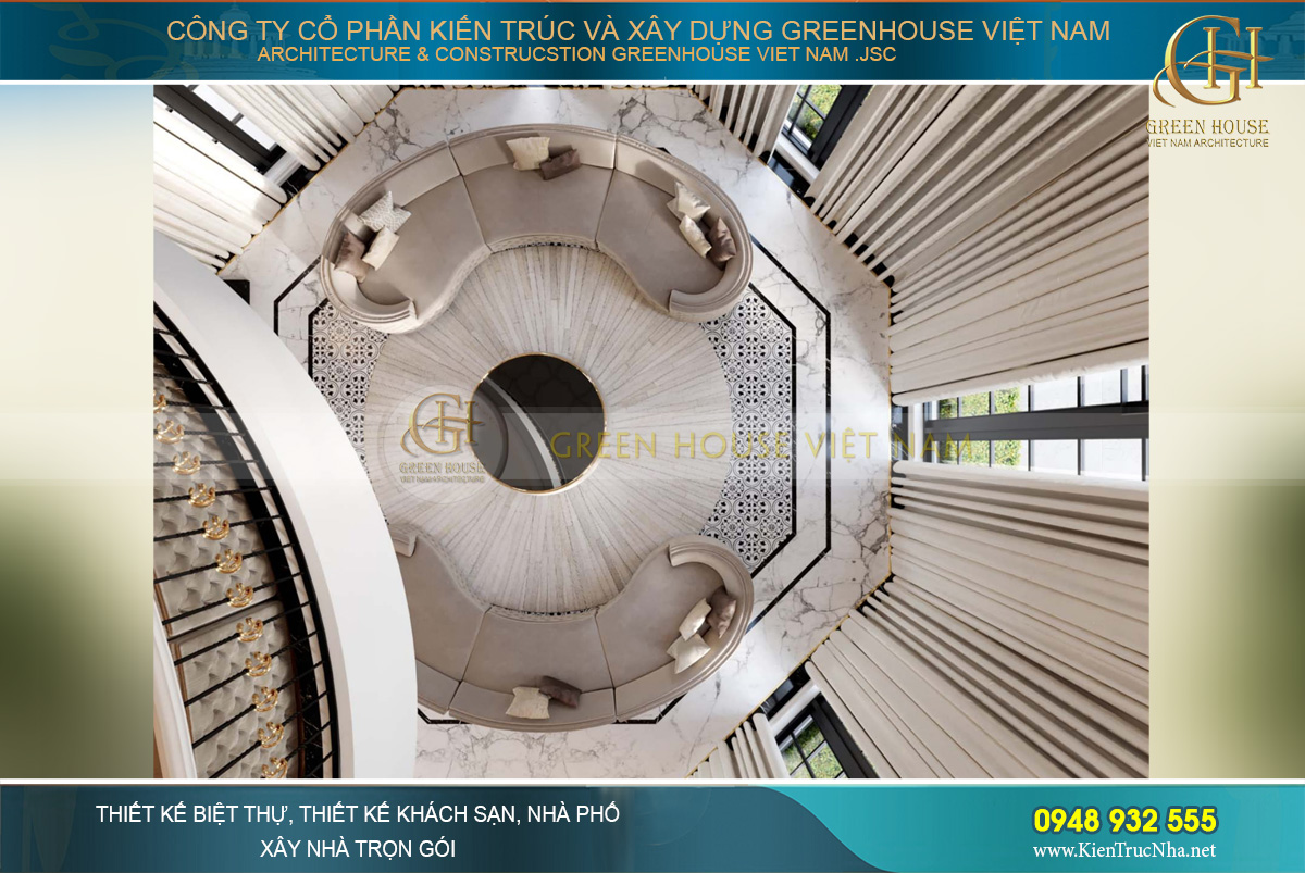 Thiết kế trần tầng 2 với hình bát giác độc đáo cùng hệ thống đèn chùm pha lê tinh xảo