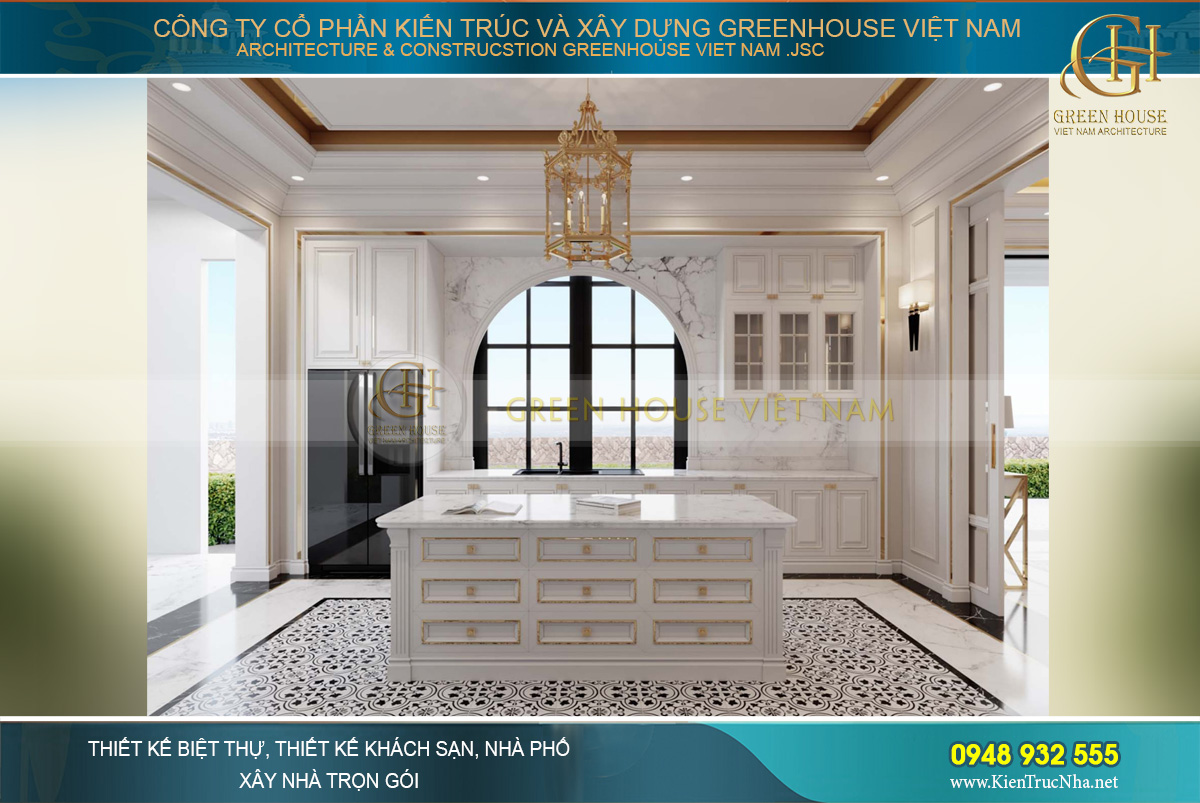Phòng bếp được thiết kế với sắc trắng tinh khôi mà rực rỡ lộng lẫy cùng với những đường viền mạ vàng sang trọng