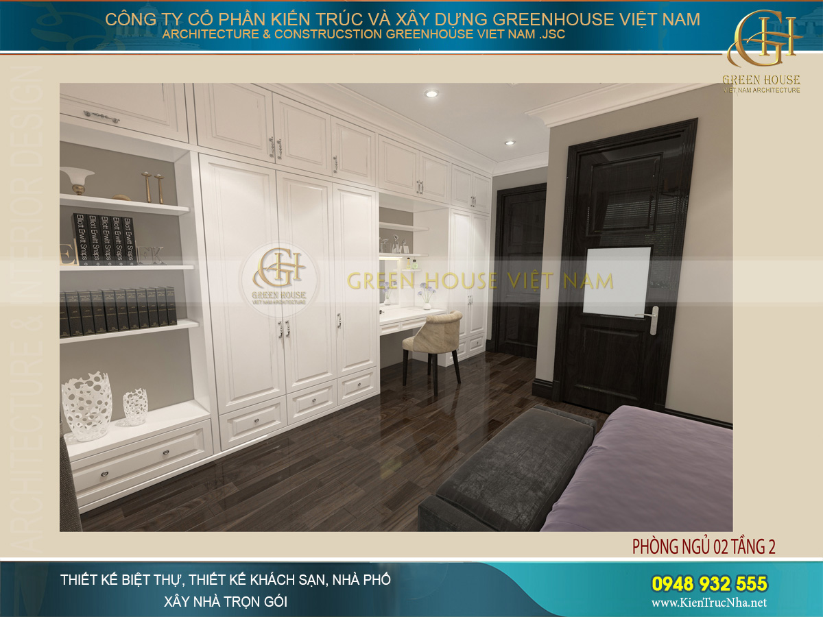 Thiết kế kệ tủ thông minh, tích hợp làm giá sách, tủ quần áo nối liền với khu vực bàn trang điểm, tiết kiệm diện tích căn phòng ngủ