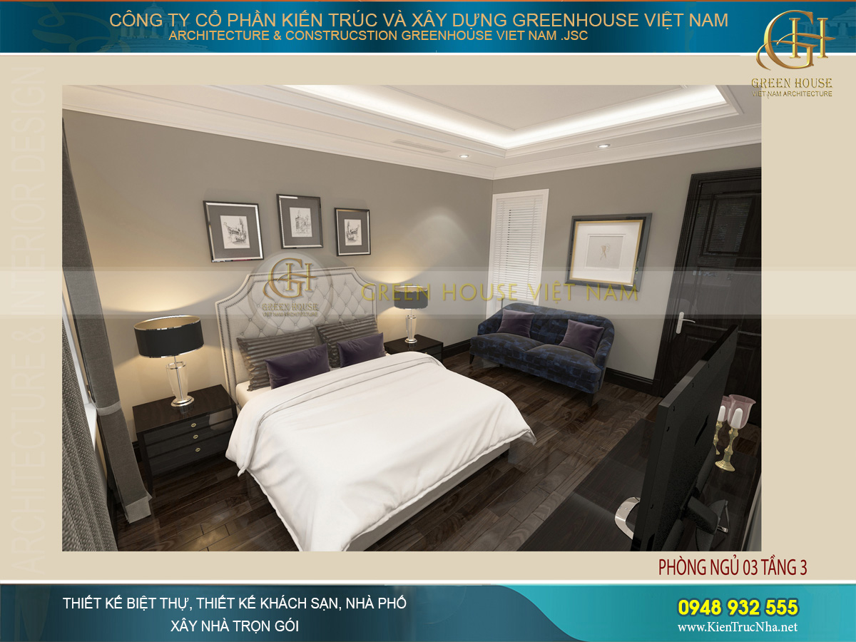 Không gian phòng ngủ được bố trí đơn giản, kiến trúc nội thất gọn gàng và mạnh mẽ