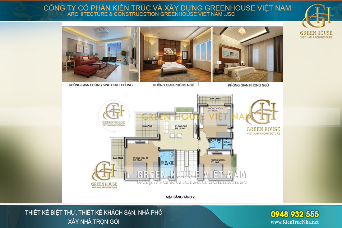 Mặt bằng tầng 2 là không gian các phòng ngủ tiện nghi cùng phòng vệ sinh khép kín