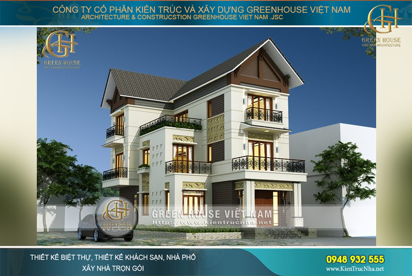 Biệt thự được thiết kế với tông màu trắng chủ đạo, các điểm nhấn họa tiết gốm màu vàng nhạt tạo nên sự kết hợp tuyệt vời cho ngôi biệt thự