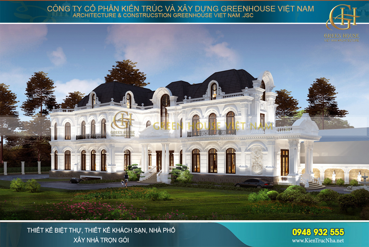 Mẫu biệt thự 2 tầng 1 tum phong cách cổ điển Pháp sang trọng, đẳng cấp