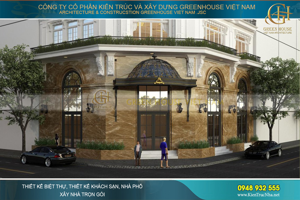 Thiết kế tầng 1 của biệt thự với mặt tiền ốp đá granite sang trọng, hút mắt