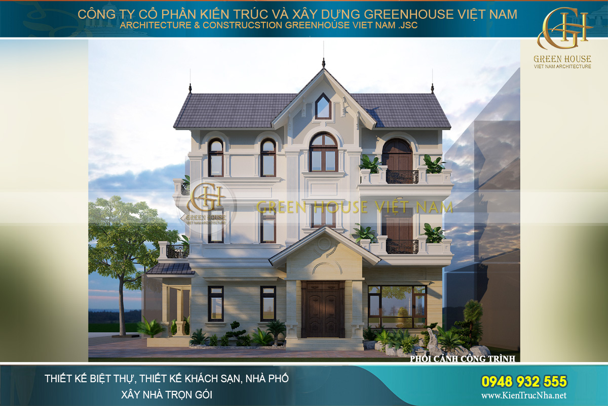 Phối cảnh mặt bên của biệt thự tân cổ điển 3 tầng tại Hà Nội