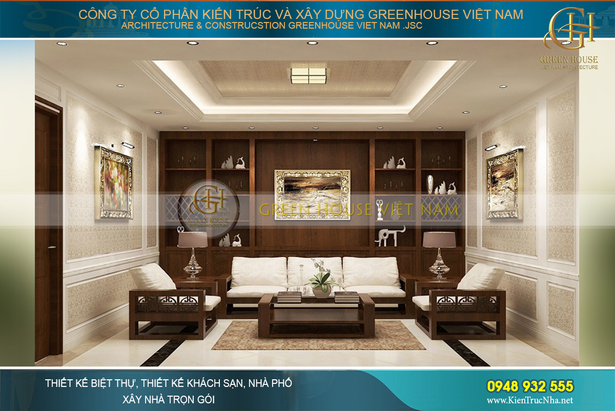 Phòng khách được thiết kế với gam màu nâu trầm lịch lãm của chất liệu gỗ tự nhiên