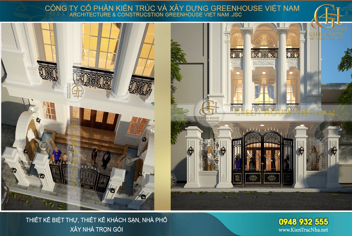 Mặt tiền phía trước ngôi nhà ống nhìn từ phía trên cao với đài phụn nước tự động thu nhỏ hình đầu sư tử